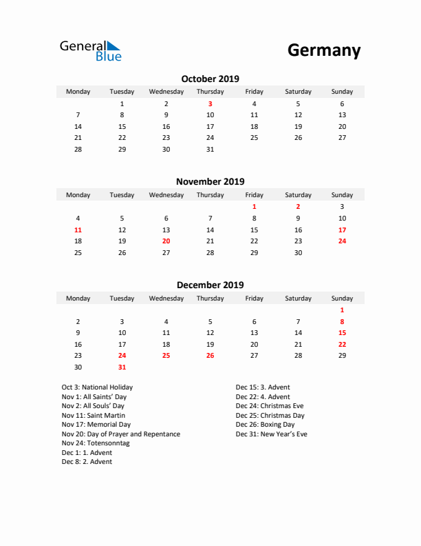 Printable Quarterly Calendar with Notes and Germany Holidays- Q4 of 2019