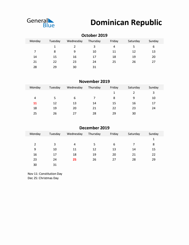 Printable Quarterly Calendar with Notes and Dominican Republic Holidays- Q4 of 2019