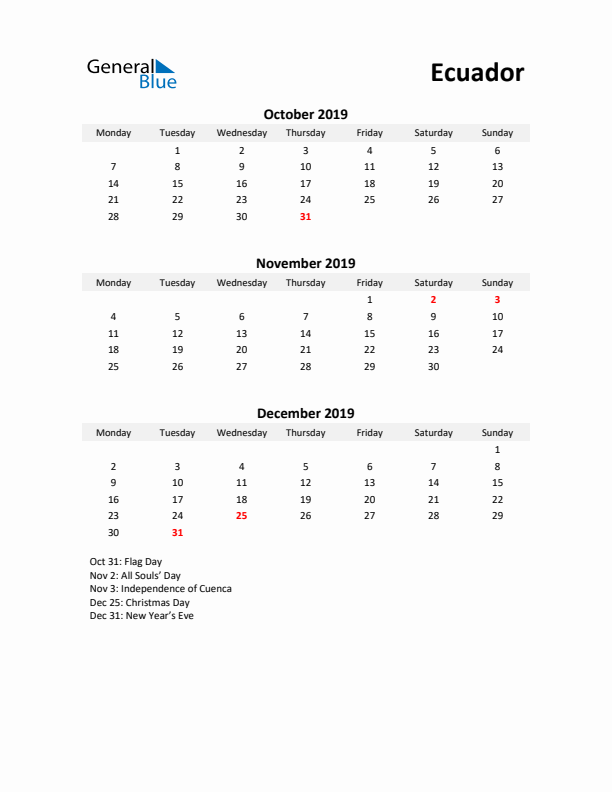 Printable Quarterly Calendar with Notes and Ecuador Holidays- Q4 of 2019