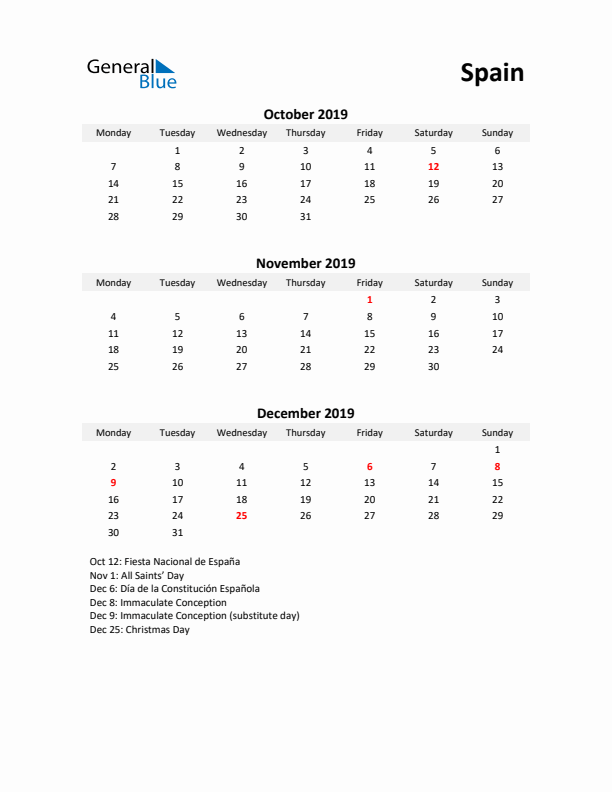 Printable Quarterly Calendar with Notes and Spain Holidays- Q4 of 2019