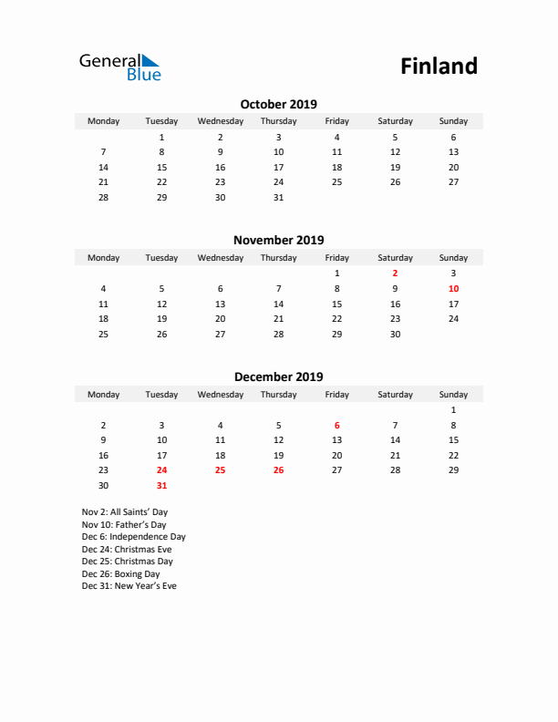 Printable Quarterly Calendar with Notes and Finland Holidays- Q4 of 2019