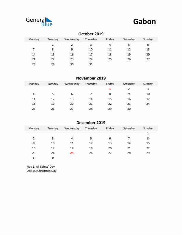 Printable Quarterly Calendar with Notes and Gabon Holidays- Q4 of 2019