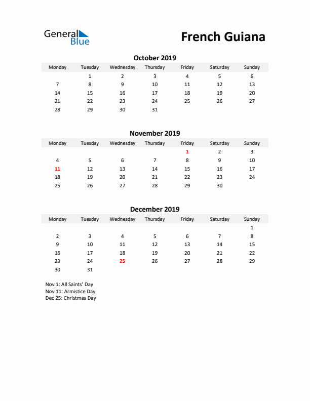 Printable Quarterly Calendar with Notes and French Guiana Holidays- Q4 of 2019