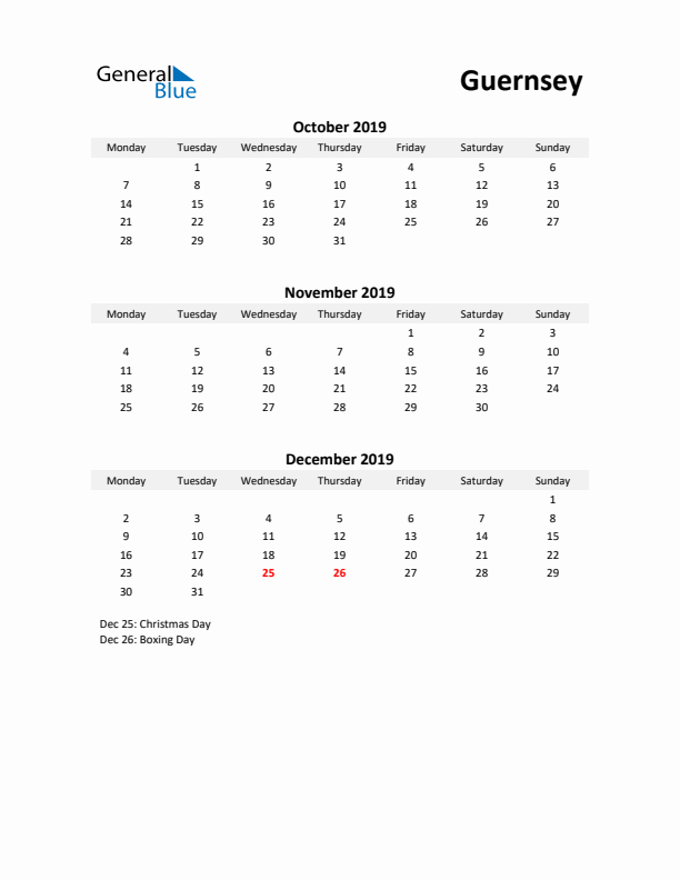 Printable Quarterly Calendar with Notes and Guernsey Holidays- Q4 of 2019