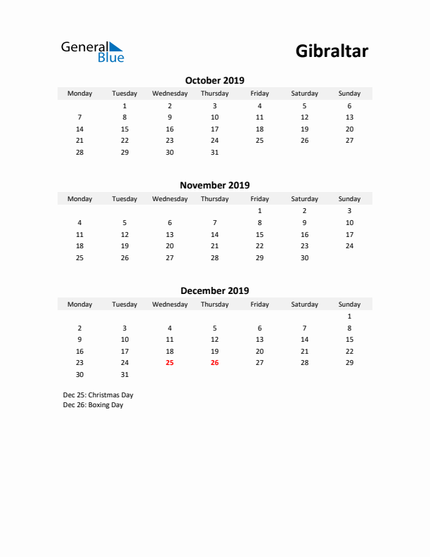 Printable Quarterly Calendar with Notes and Gibraltar Holidays- Q4 of 2019