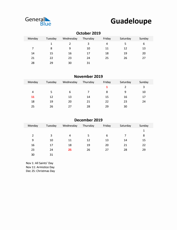 Printable Quarterly Calendar with Notes and Guadeloupe Holidays- Q4 of 2019