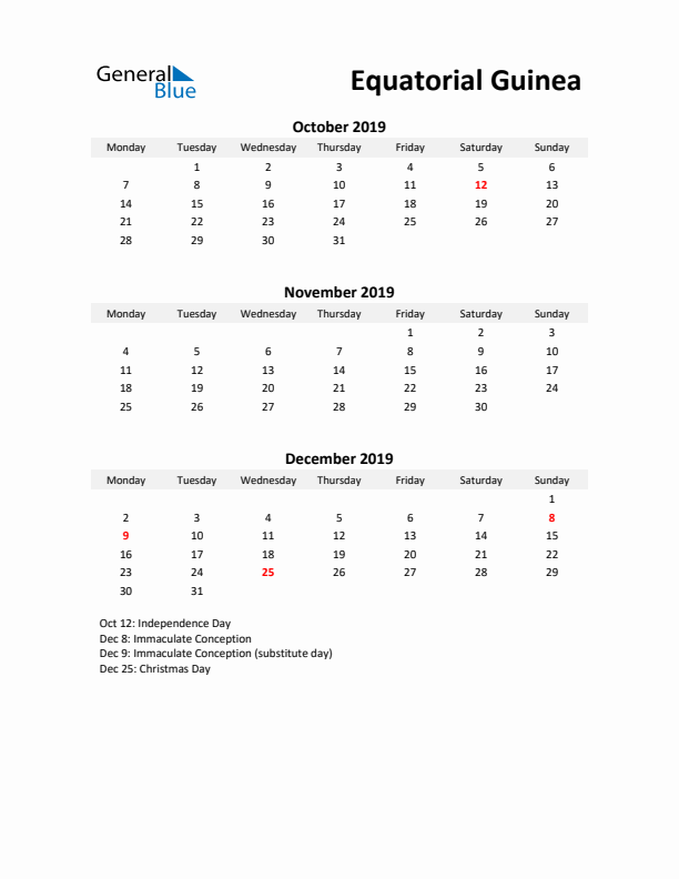 Printable Quarterly Calendar with Notes and Equatorial Guinea Holidays- Q4 of 2019