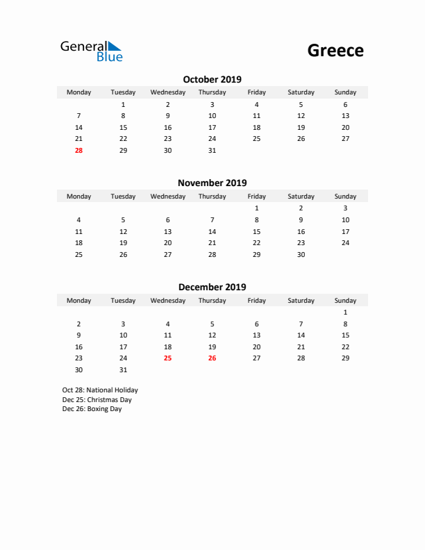 Printable Quarterly Calendar with Notes and Greece Holidays- Q4 of 2019