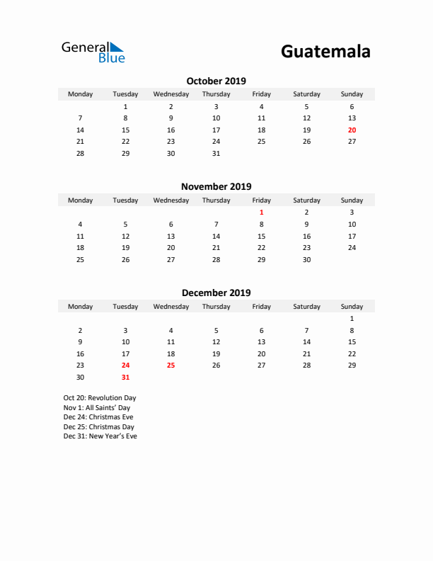 Printable Quarterly Calendar with Notes and Guatemala Holidays- Q4 of 2019