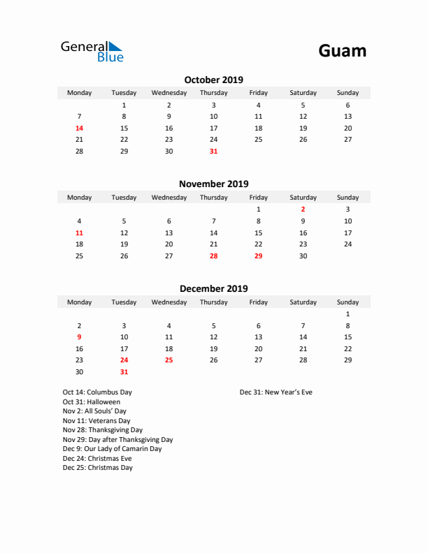 Printable Quarterly Calendar with Notes and Guam Holidays- Q4 of 2019