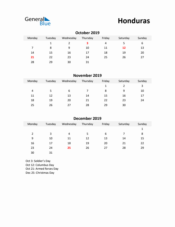 Printable Quarterly Calendar with Notes and Honduras Holidays- Q4 of 2019