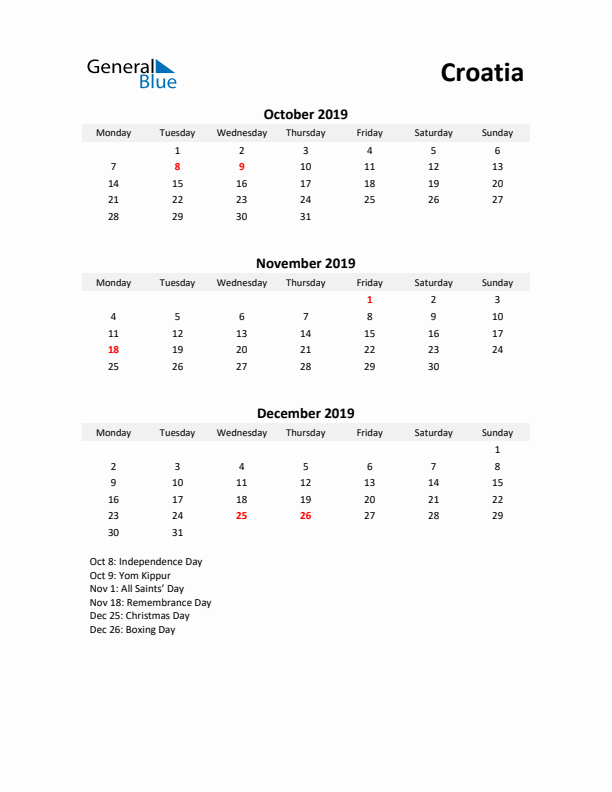 Printable Quarterly Calendar with Notes and Croatia Holidays- Q4 of 2019