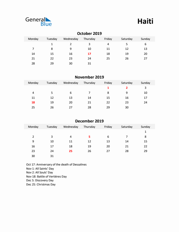 Printable Quarterly Calendar with Notes and Haiti Holidays- Q4 of 2019