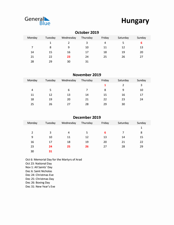 Printable Quarterly Calendar with Notes and Hungary Holidays- Q4 of 2019