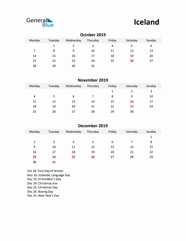 Printable Quarterly Calendar with Notes and Iceland Holidays- Q4 of 2019