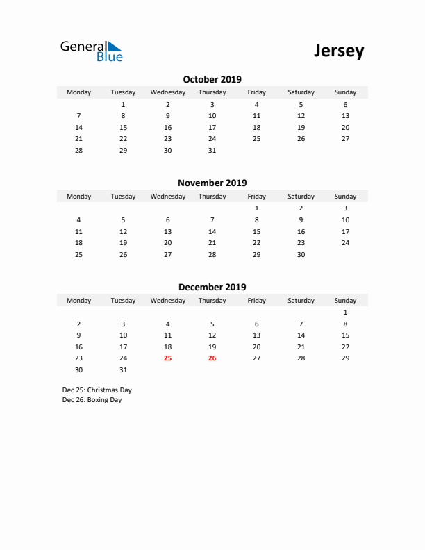 Printable Quarterly Calendar with Notes and Jersey Holidays- Q4 of 2019