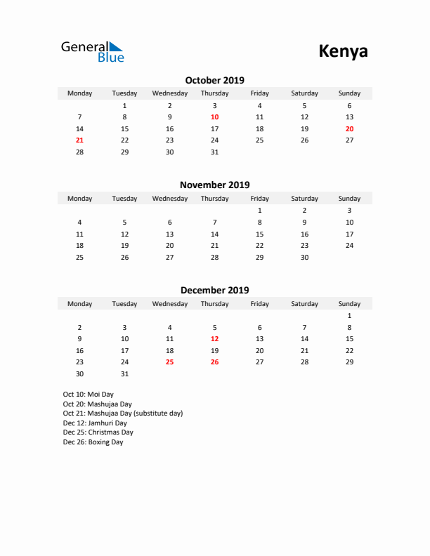 Printable Quarterly Calendar with Notes and Kenya Holidays- Q4 of 2019