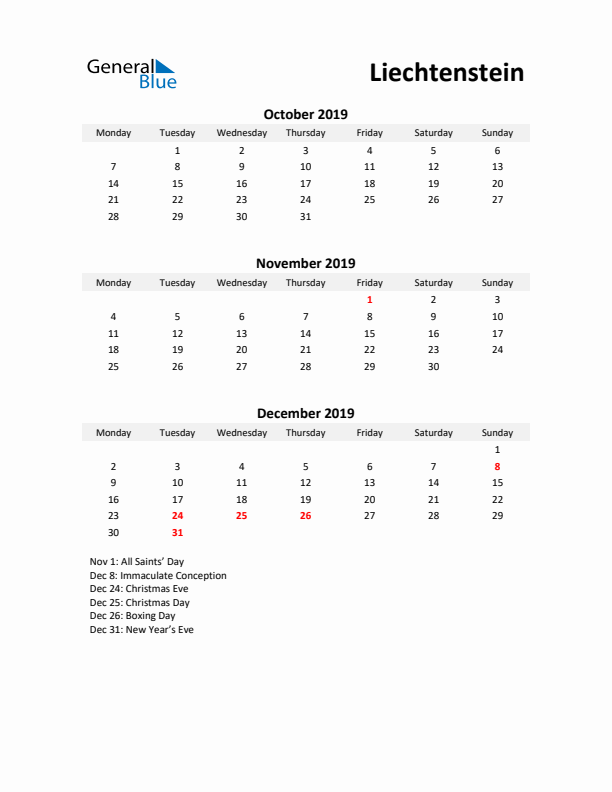 Printable Quarterly Calendar with Notes and Liechtenstein Holidays- Q4 of 2019