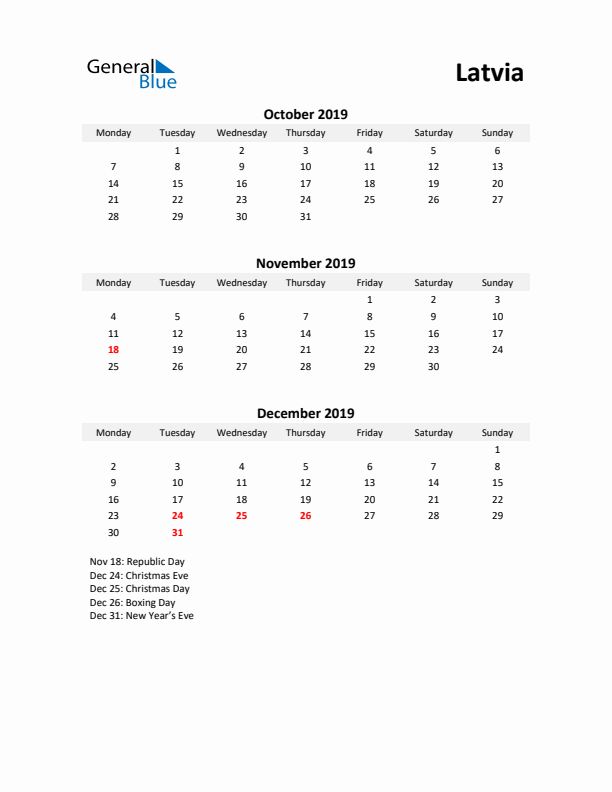 Printable Quarterly Calendar with Notes and Latvia Holidays- Q4 of 2019