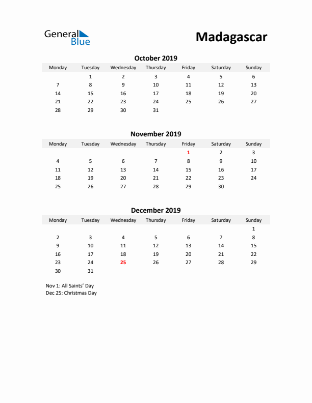 Printable Quarterly Calendar with Notes and Madagascar Holidays- Q4 of 2019