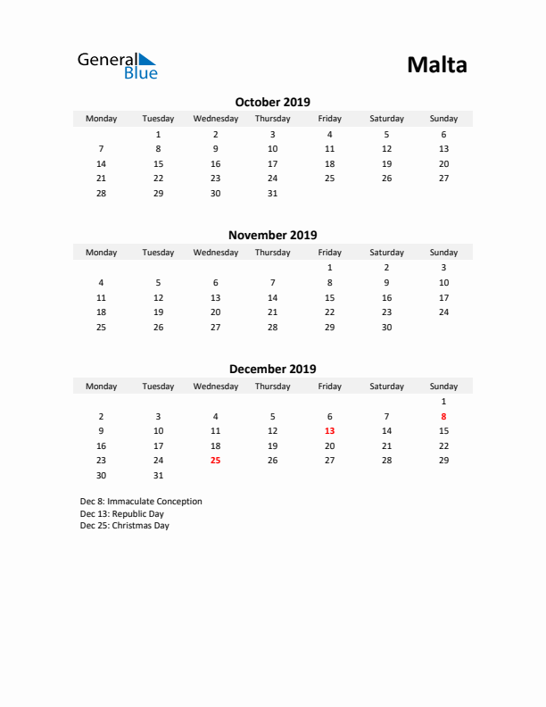 Printable Quarterly Calendar with Notes and Malta Holidays- Q4 of 2019