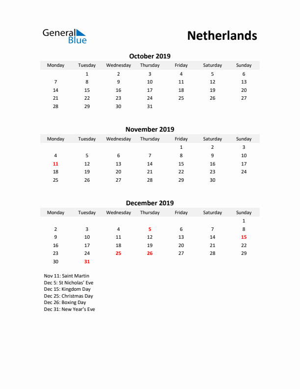 Printable Quarterly Calendar with Notes and The Netherlands Holidays- Q4 of 2019