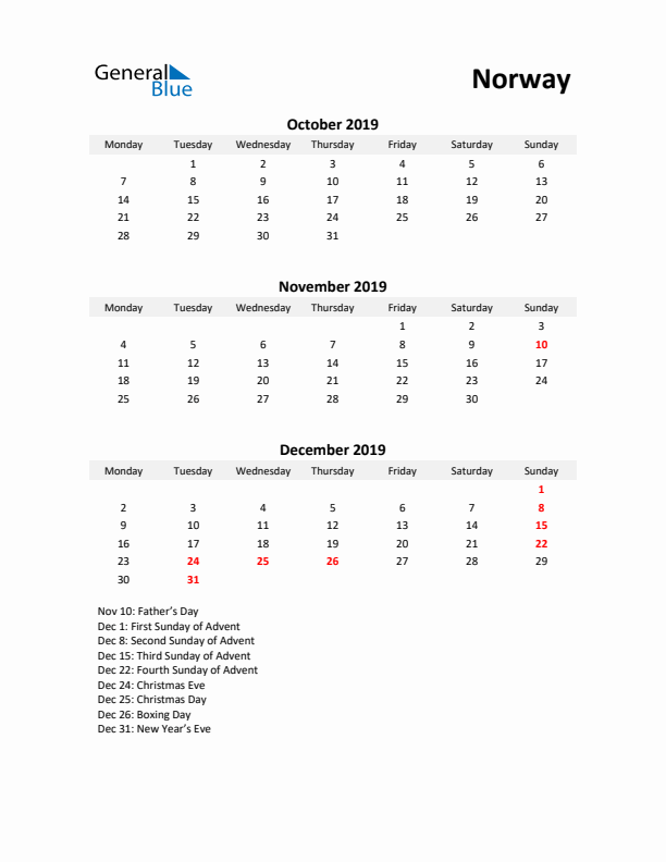 Printable Quarterly Calendar with Notes and Norway Holidays- Q4 of 2019