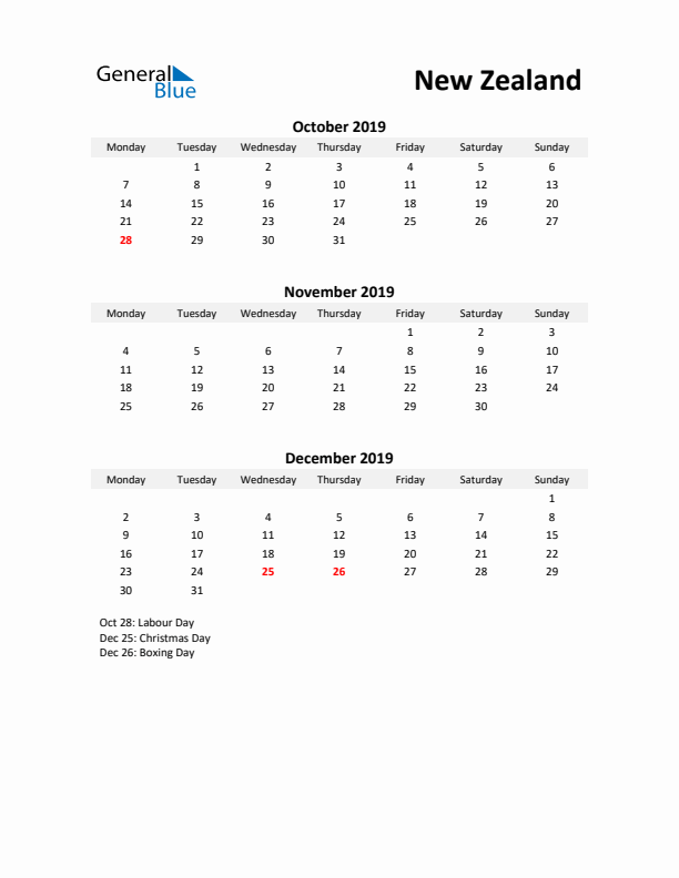 Printable Quarterly Calendar with Notes and New Zealand Holidays- Q4 of 2019