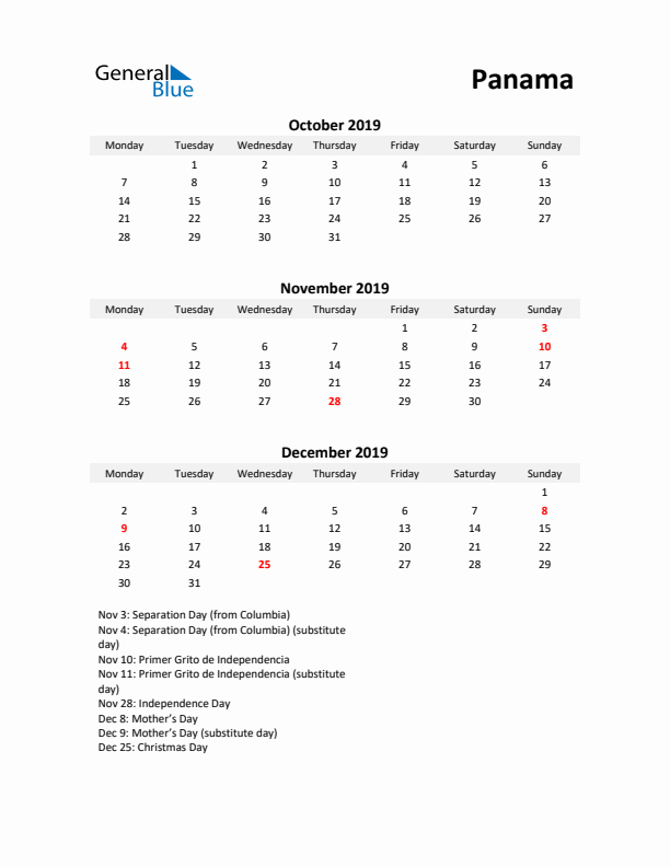 Printable Quarterly Calendar with Notes and Panama Holidays- Q4 of 2019