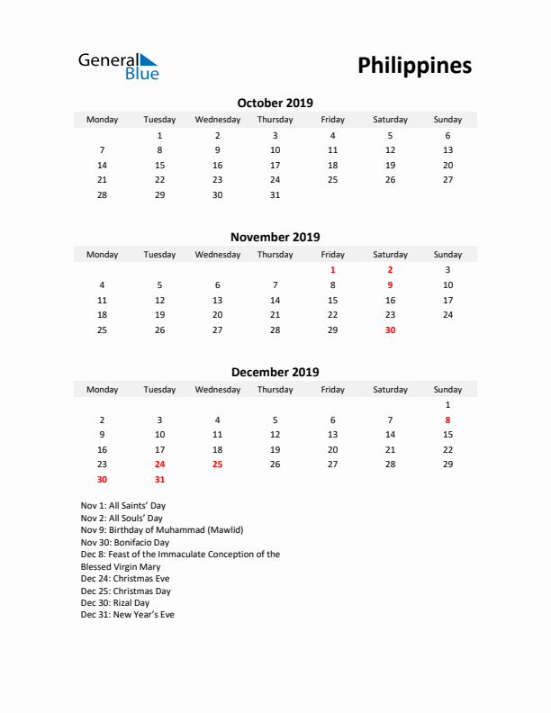 Printable Quarterly Calendar with Notes and Philippines Holidays- Q4 of 2019