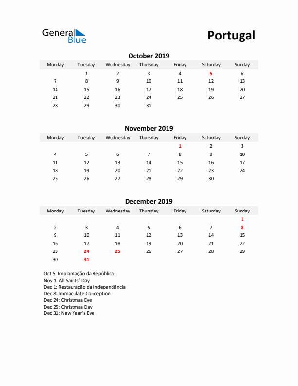 Printable Quarterly Calendar with Notes and Portugal Holidays- Q4 of 2019