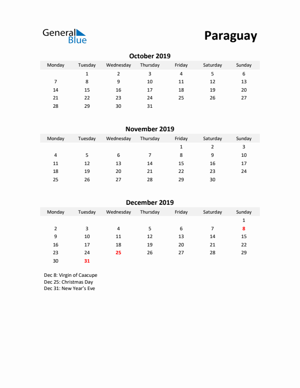 Printable Quarterly Calendar with Notes and Paraguay Holidays- Q4 of 2019