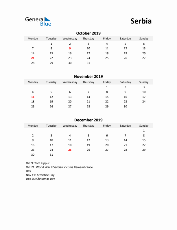 Printable Quarterly Calendar with Notes and Serbia Holidays- Q4 of 2019