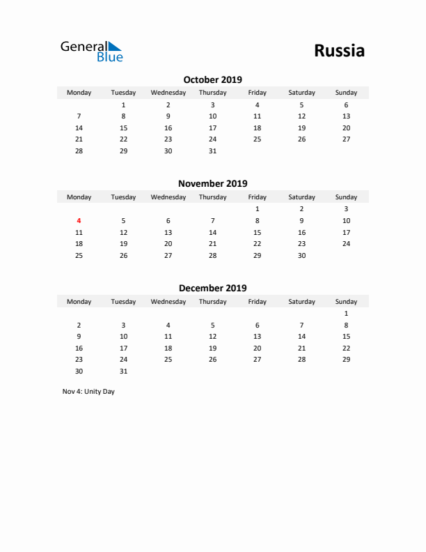 Printable Quarterly Calendar with Notes and Russia Holidays- Q4 of 2019