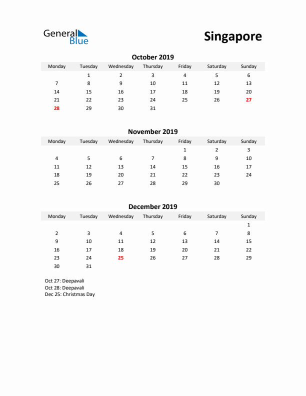 Printable Quarterly Calendar with Notes and Singapore Holidays- Q4 of 2019