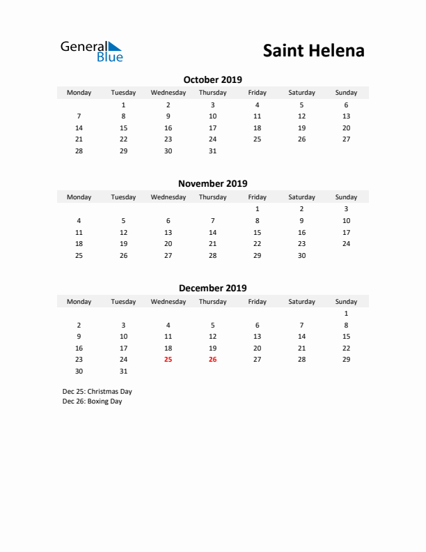 Printable Quarterly Calendar with Notes and Saint Helena Holidays- Q4 of 2019