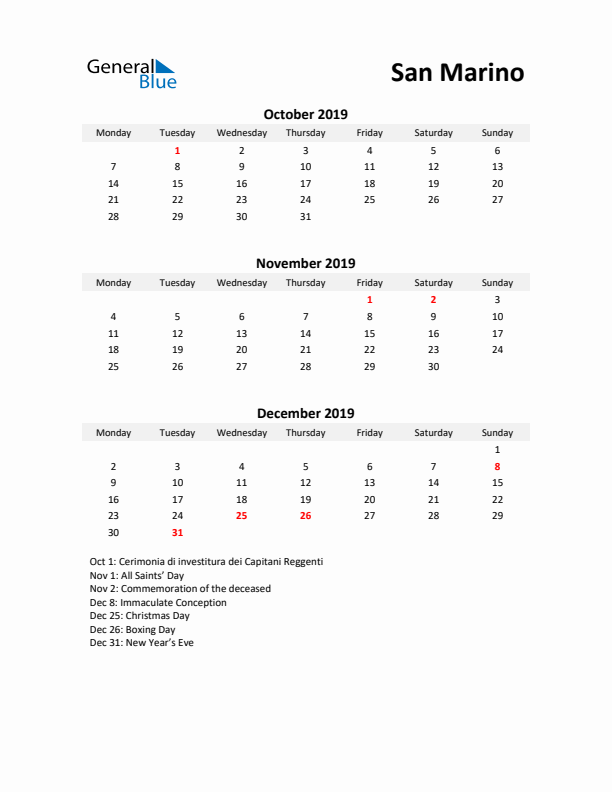 Printable Quarterly Calendar with Notes and San Marino Holidays- Q4 of 2019