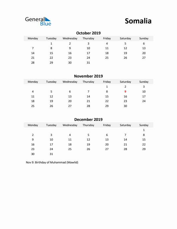 Printable Quarterly Calendar with Notes and Somalia Holidays- Q4 of 2019