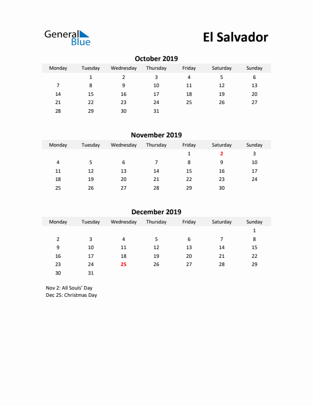 Printable Quarterly Calendar with Notes and El Salvador Holidays- Q4 of 2019