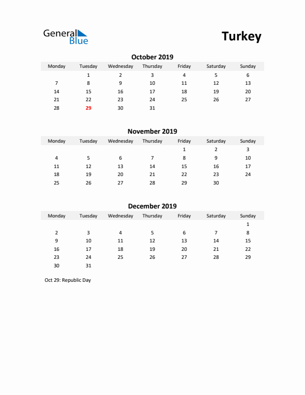 Printable Quarterly Calendar with Notes and Turkey Holidays- Q4 of 2019