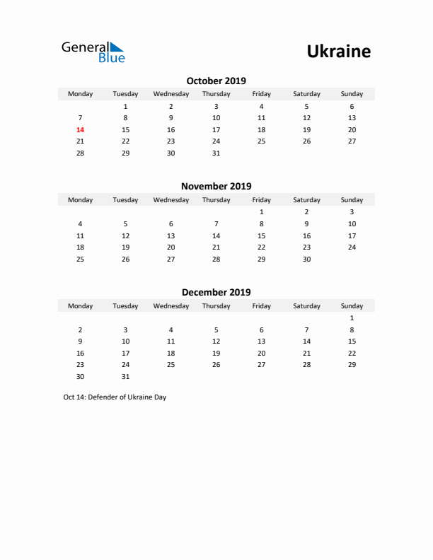 Printable Quarterly Calendar with Notes and Ukraine Holidays- Q4 of 2019