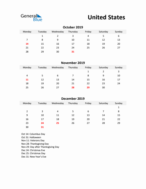 Printable Quarterly Calendar with Notes and United States Holidays- Q4 of 2019