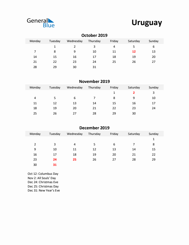 Printable Quarterly Calendar with Notes and Uruguay Holidays- Q4 of 2019