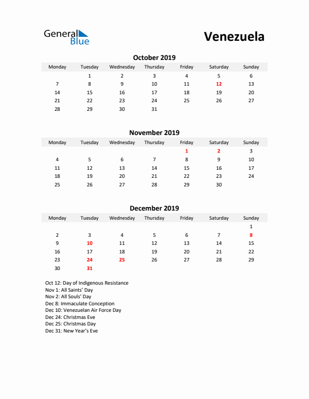 Printable Quarterly Calendar with Notes and Venezuela Holidays- Q4 of 2019