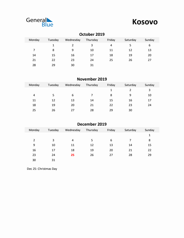 Printable Quarterly Calendar with Notes and Kosovo Holidays- Q4 of 2019