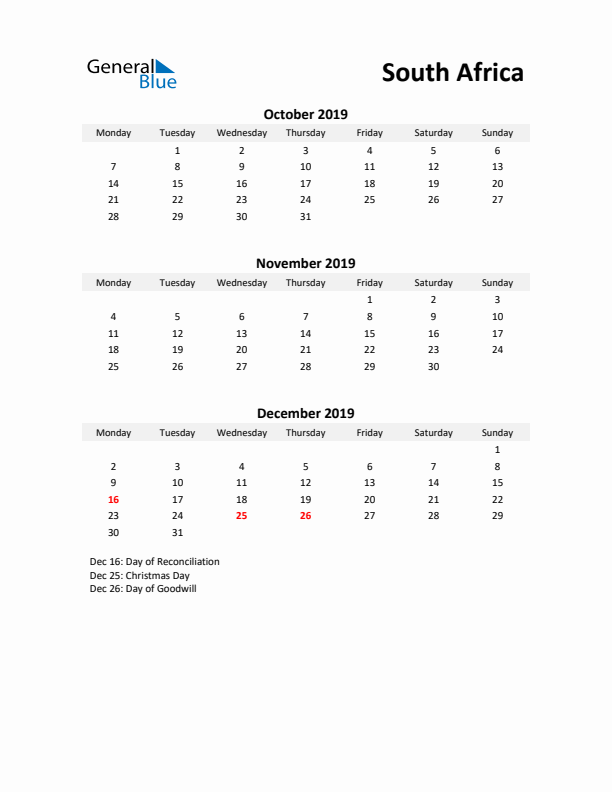 Printable Quarterly Calendar with Notes and South Africa Holidays- Q4 of 2019