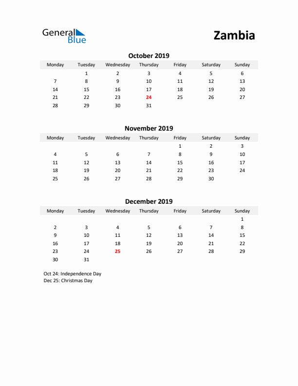 Printable Quarterly Calendar with Notes and Zambia Holidays- Q4 of 2019