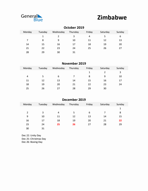 Printable Quarterly Calendar with Notes and Zimbabwe Holidays- Q4 of 2019