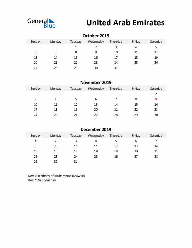 Printable Quarterly Calendar with Notes and United Arab Emirates Holidays- Q4 of 2019