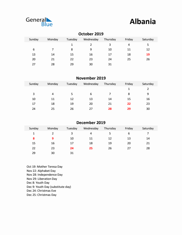 Printable Quarterly Calendar with Notes and Albania Holidays- Q4 of 2019